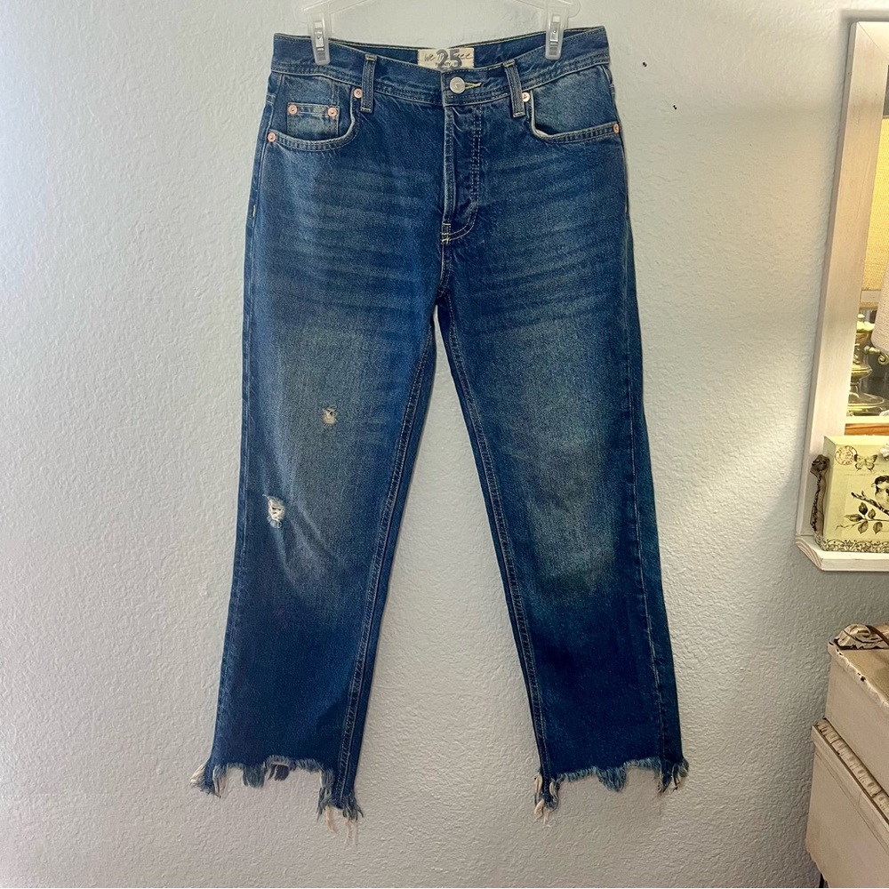 Free People We The Free Mid Rise Crop Straight Jeans, Raw Hem, Size 25